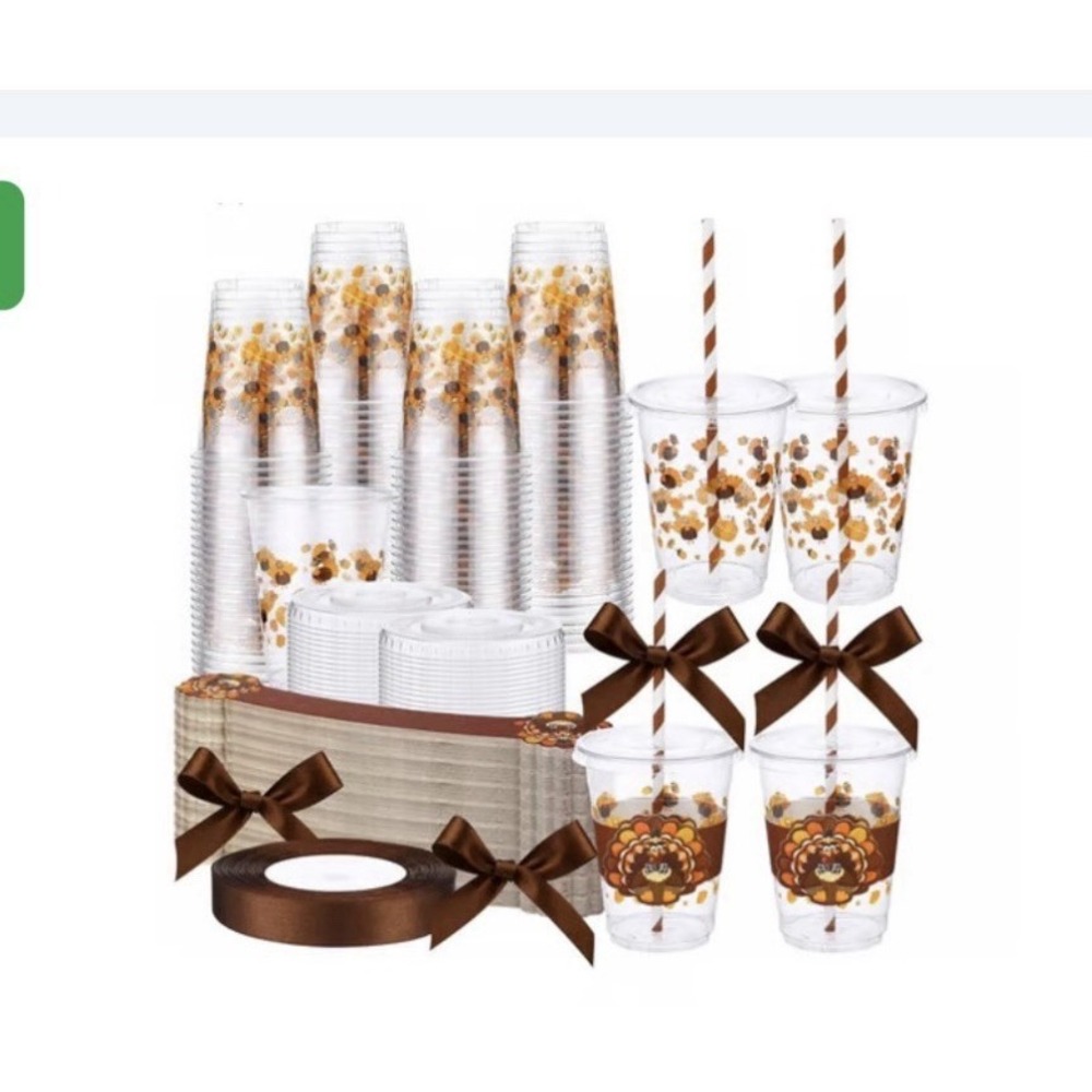 Thanksgiving Turkey Plastic Cups w/ Lids Straws 60pc Party Set Fall Disposable